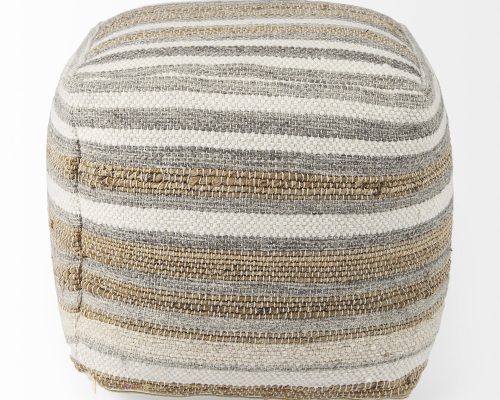 Mercana Aahana 16.0L x 16.0W x 16.0H White/Taupe/Gray Striped Hemp and Cotton Pouf - Image 6