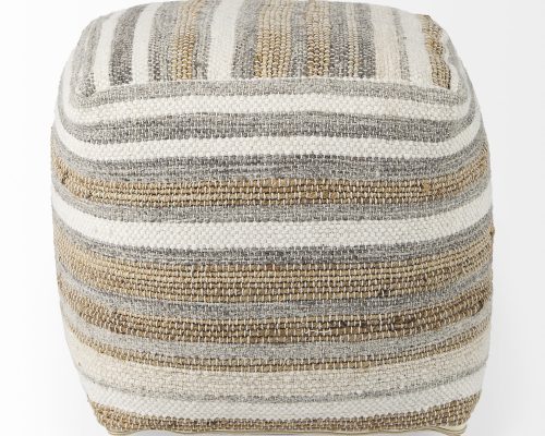 Mercana Aahana 16.0L x 16.0W x 16.0H White/Taupe/Gray Striped Hemp and Cotton Pouf - Image 4