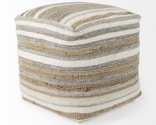 Mercana Aahana 16.0L x 16.0W x 16.0H White/Taupe/Gray Striped Hemp and Cotton Pouf - Image 5