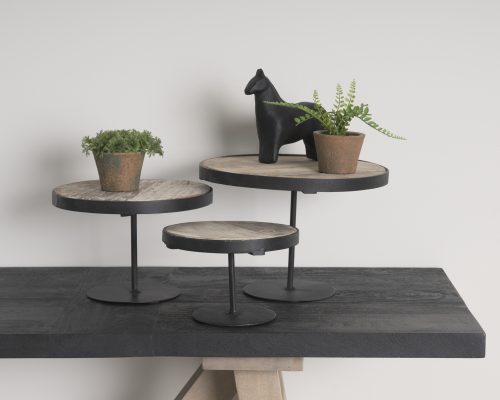 Mercana Lorenz (Set of 3) Light Brown Wood W/ Black Metal Base Round Decorative Display Stands
