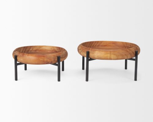 Mercana Wally Round Medium Brown Wood w/ Matte Black Metal Stand Trays - Image 3