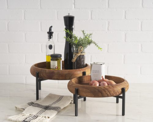 Mercana Wally Round Medium Brown Wood w/ Matte Black Metal Stand Trays