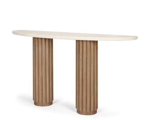 Alternative view of Mercana Marbrello Botticino Marble Top Light Brown Fluted Wood Half Moon Console Table