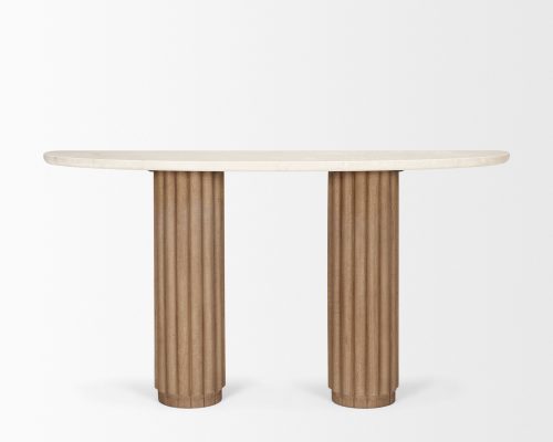 Mercana Marbrello Botticino Marble Top Light Brown Fluted Wood Half Moon Console Table - Image 6
