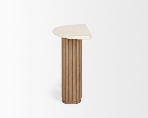 Mercana Marbrello Botticino Marble Top Light Brown Fluted Wood Half Moon Console Table - Image 7