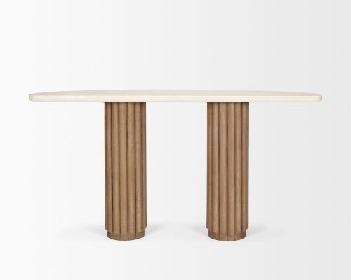 Mercana Marbrello Botticino Marble Top Light Brown Fluted Wood Half Moon Console Table - Image 8