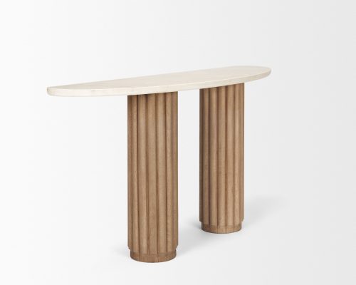Mercana Marbrello Botticino Marble Top Light Brown Fluted Wood Half Moon Console Table - Image 9