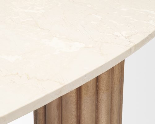 Mercana Marbrello Botticino Marble Top Light Brown Fluted Wood Half Moon Console Table - Image 11