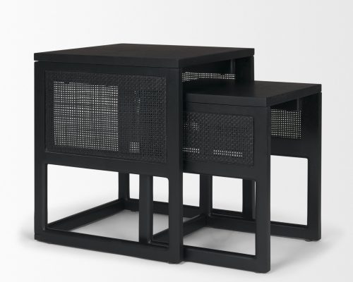 Mercana Grier Set of 2 Black Wood w/ Black Cane Nesting Accent Tables - Image 6