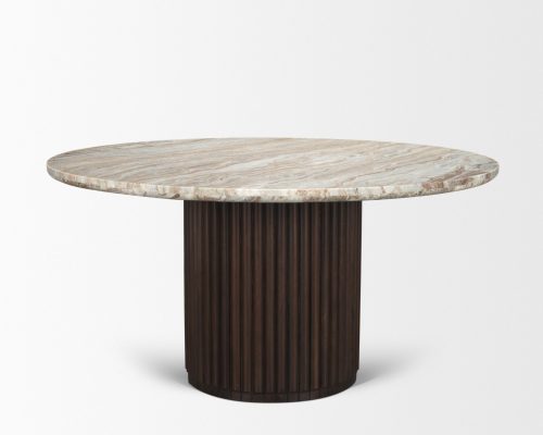 Mercana Marbrello 60" Pink Marble Top Espresso Brown Fluted Wood Round Dining Table - Image 5