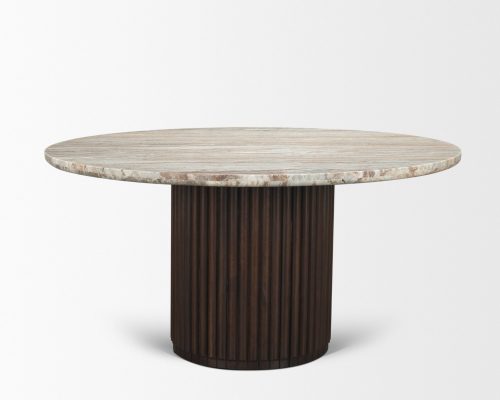 Mercana Marbrello 60" Pink Marble Top Espresso Brown Fluted Wood Round Dining Table - Image 6