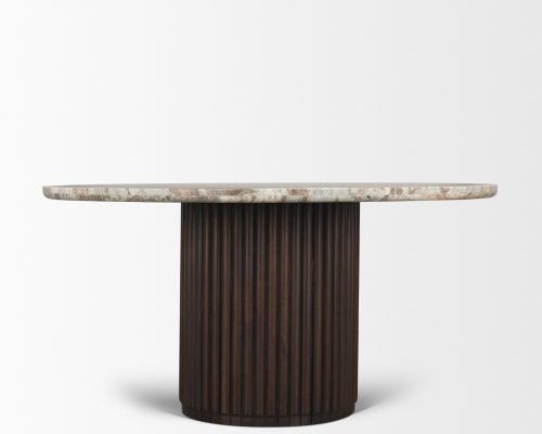 Mercana Marbrello 60" Pink Marble Top Espresso Brown Fluted Wood Round Dining Table - Image 7