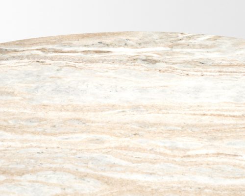 Mercana Marbrello 60" Pink Marble Top Espresso Brown Fluted Wood Round Dining Table - Image 8