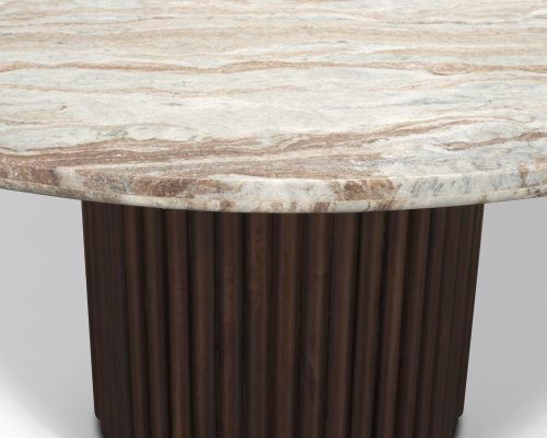 Mercana Marbrello 60" Pink Marble Top Espresso Brown Fluted Wood Round Dining Table - Image 9