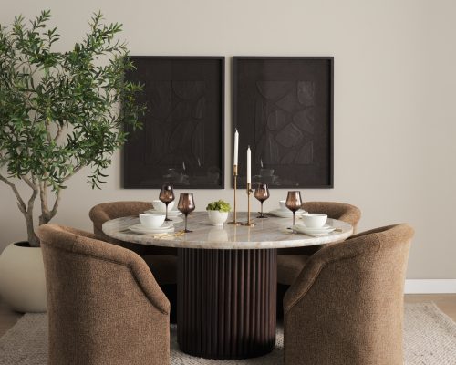 Mercana Marbrello 60" Pink Marble Top Espresso Brown Fluted Wood Round Dining Table