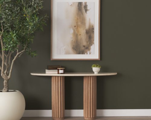 Mercana Marbrello Botticino Marble Top Light Brown Fluted Wood Half Moon Console Table