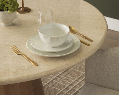 Mercana Marilyn 48" Botticino Marble W/ Light Brown Wood Base Dining Table - Image 3