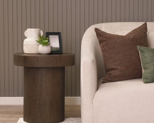 Mercana Lyonne Round Medium Brown Oak Wood Pedestal Side Tables