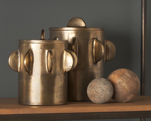 Mercana Deacon Small Antiqued Gold Metal Canister with Sculptural Handles