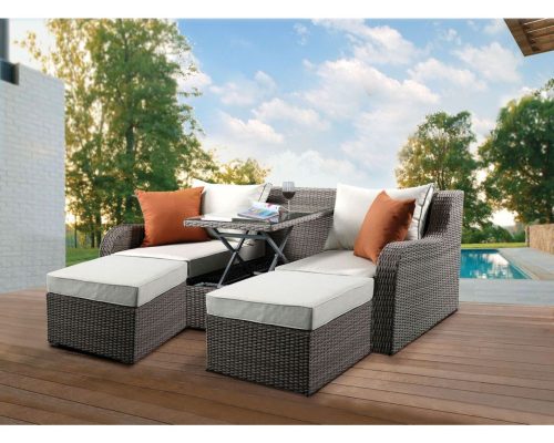 Alternative view of Acme Salena Patio Sofa w/2 Pillows & 2 Ottomans Beige Fabric & Gray Wicker
