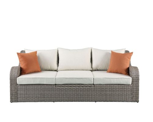 Acme Salena Patio Sofa w/2 Pillows & 2 Ottomans Beige Fabric & Gray Wicker - Image 3