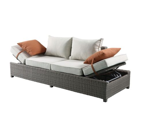 Acme Salena Patio Sofa w/2 Pillows & Ottoman Beige Fabric & Gray Wicker - Image 4