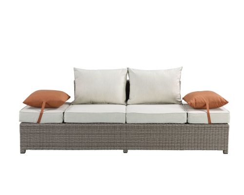 Acme Salena Patio Sofa w/2 Pillows & Ottoman Beige Fabric & Gray Wicker - Image 5
