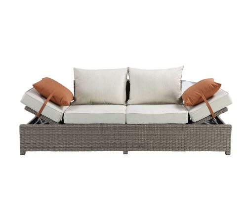 Acme Salena Patio Sofa w/2 Pillows & Ottoman Beige Fabric & Gray Wicker - Image 6
