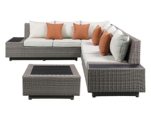 Acme Salena Patio Sectional Sofa w/4 Pillows & Coffee Table Beige Fabric & Gray Wicker
