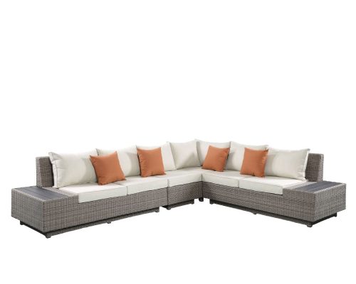 Alternative view of Acme Salena Patio Sectional Sofa w/4 Pillows & Coffee Table Beige Fabric & Gray Wicker