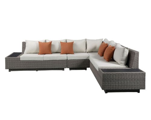 Acme Salena Patio Sectional Sofa w/4 Pillows & Coffee Table Beige Fabric & Gray Wicker - Image 3