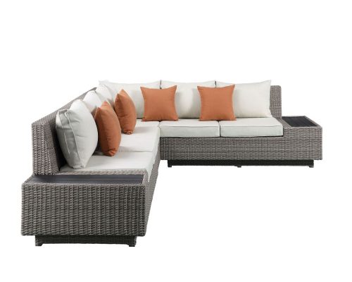 Acme Salena Patio Sectional Sofa w/4 Pillows & Coffee Table Beige Fabric & Gray Wicker - Image 4