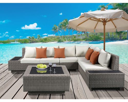 Acme Salena Patio Sectional Sofa w/4 Pillows & Coffee Table Beige Fabric & Gray Wicker - Image 9