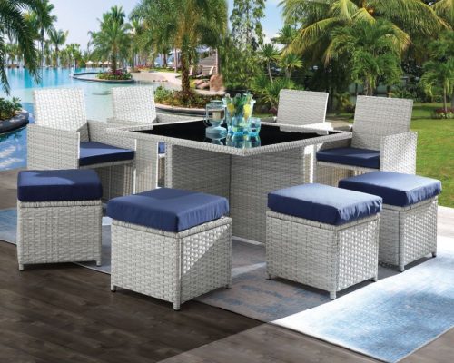Acme Paitalyi 9Pc Bistro Set Blue Fabric & Wicker