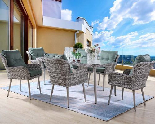Acme Jenneva 7Pc Patio Dining Set Night Green Fabric & Gray Finish