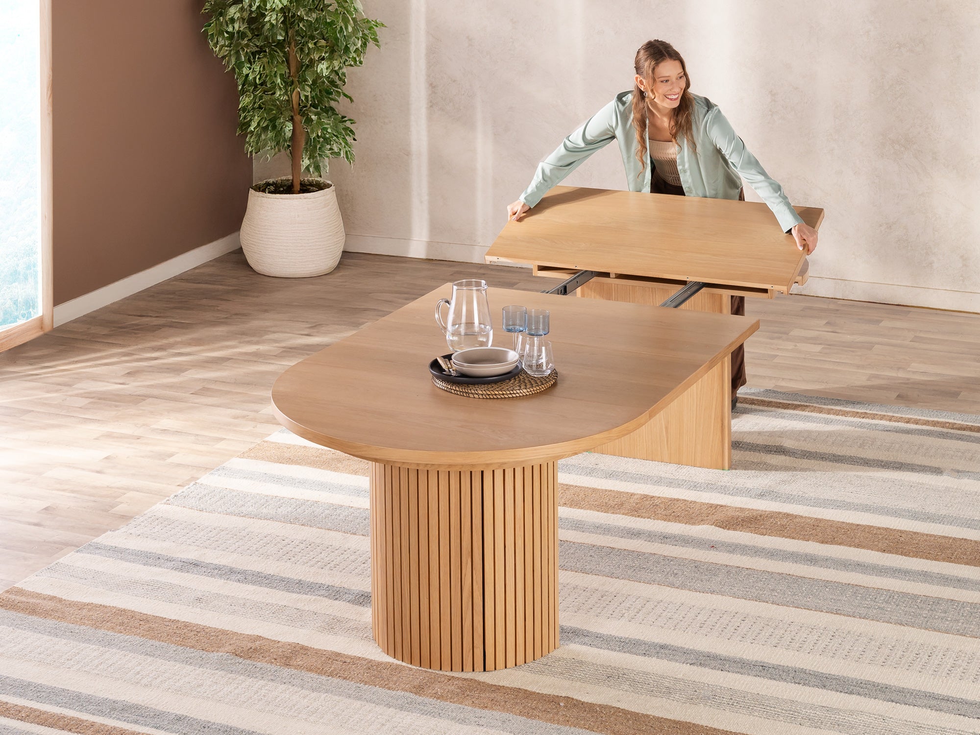 Transformer Round Extendable Dining Table Base Top & 3 Panels for Table